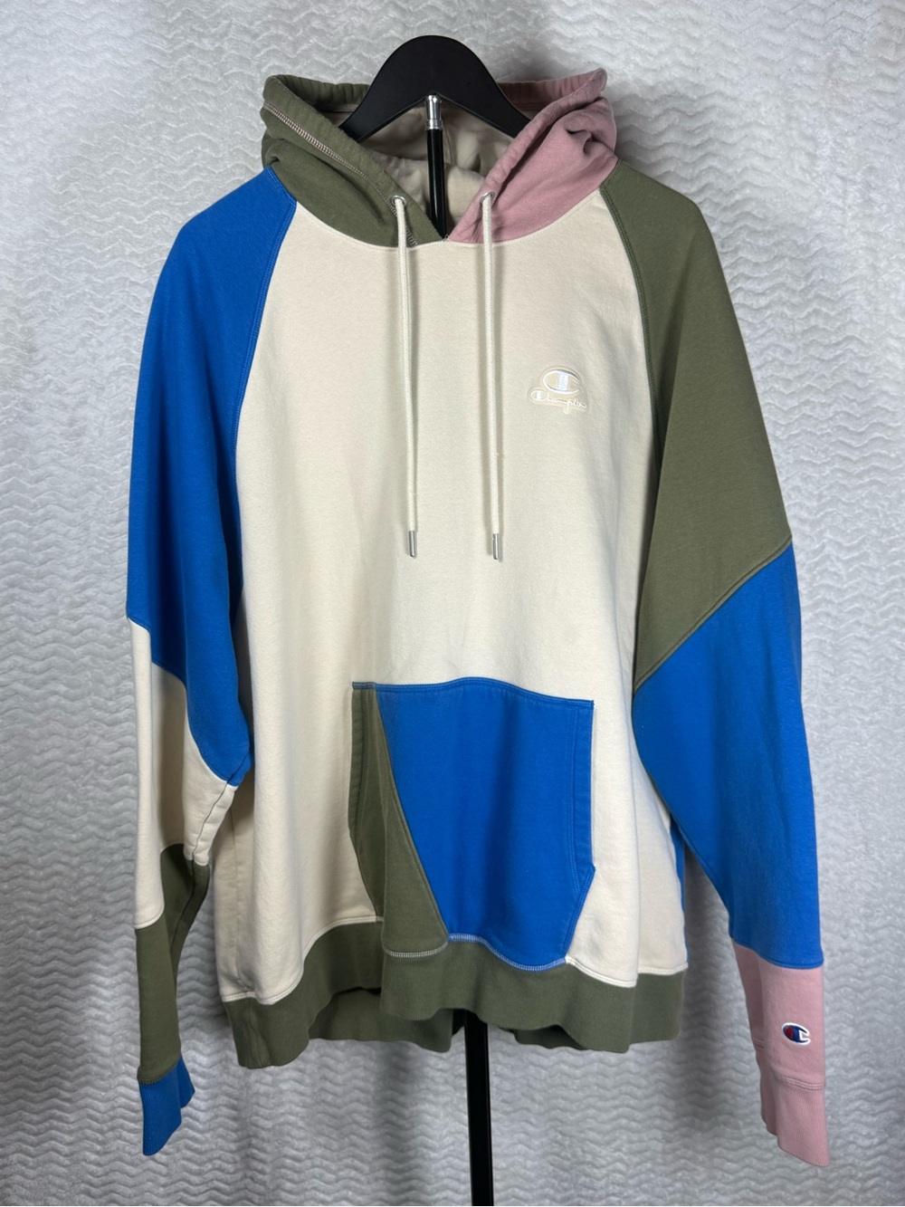 Champion Cream, Olive, Blue & Pink Colorblock Hoodie.